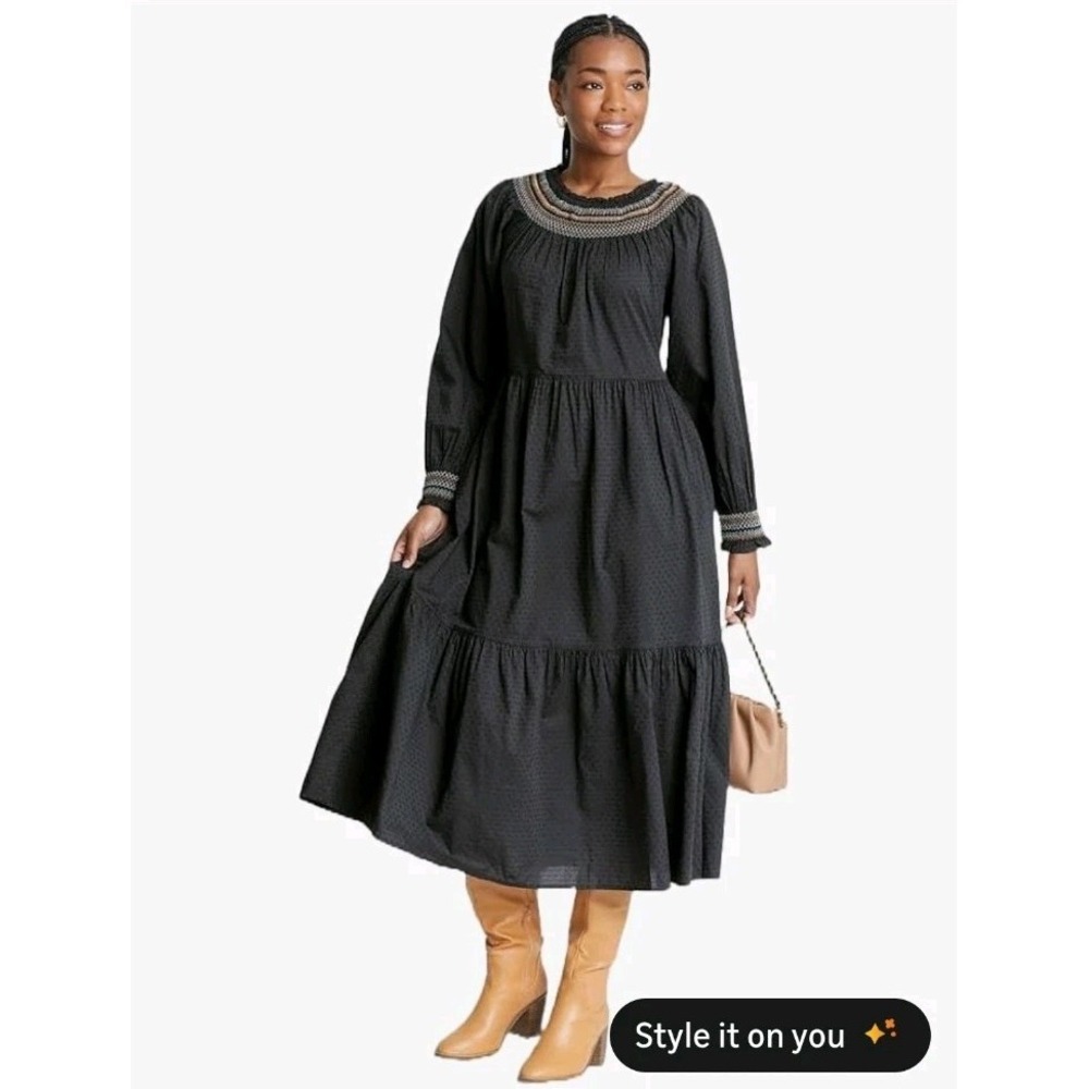 Universal Thread Dark‎ Gray Tiered Long Sleeve Cottagecore Maxi Dress Size XL